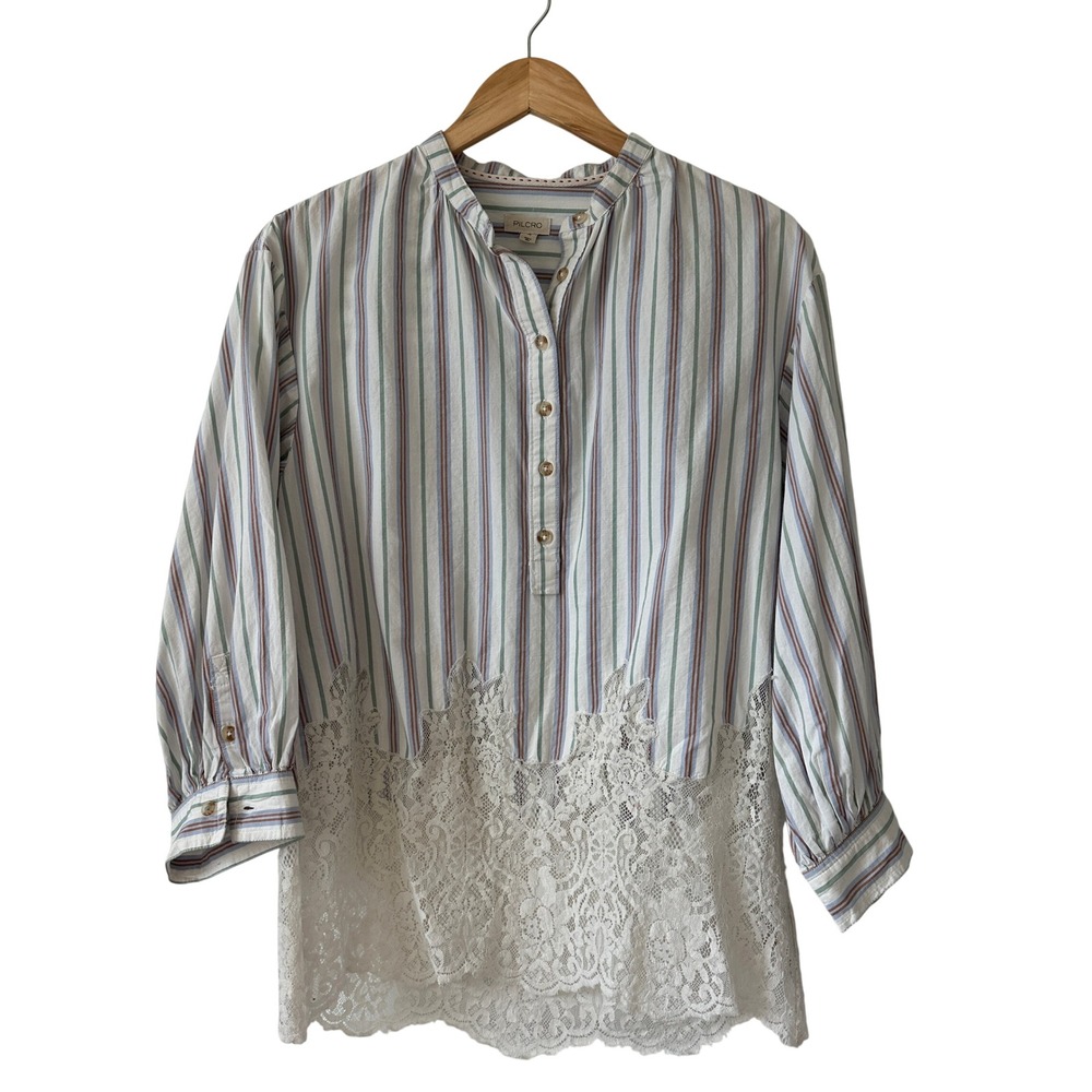 Pilcro Anthropologie Striped Lace Hem Blouse XS Blue Green Rust Cotton Top